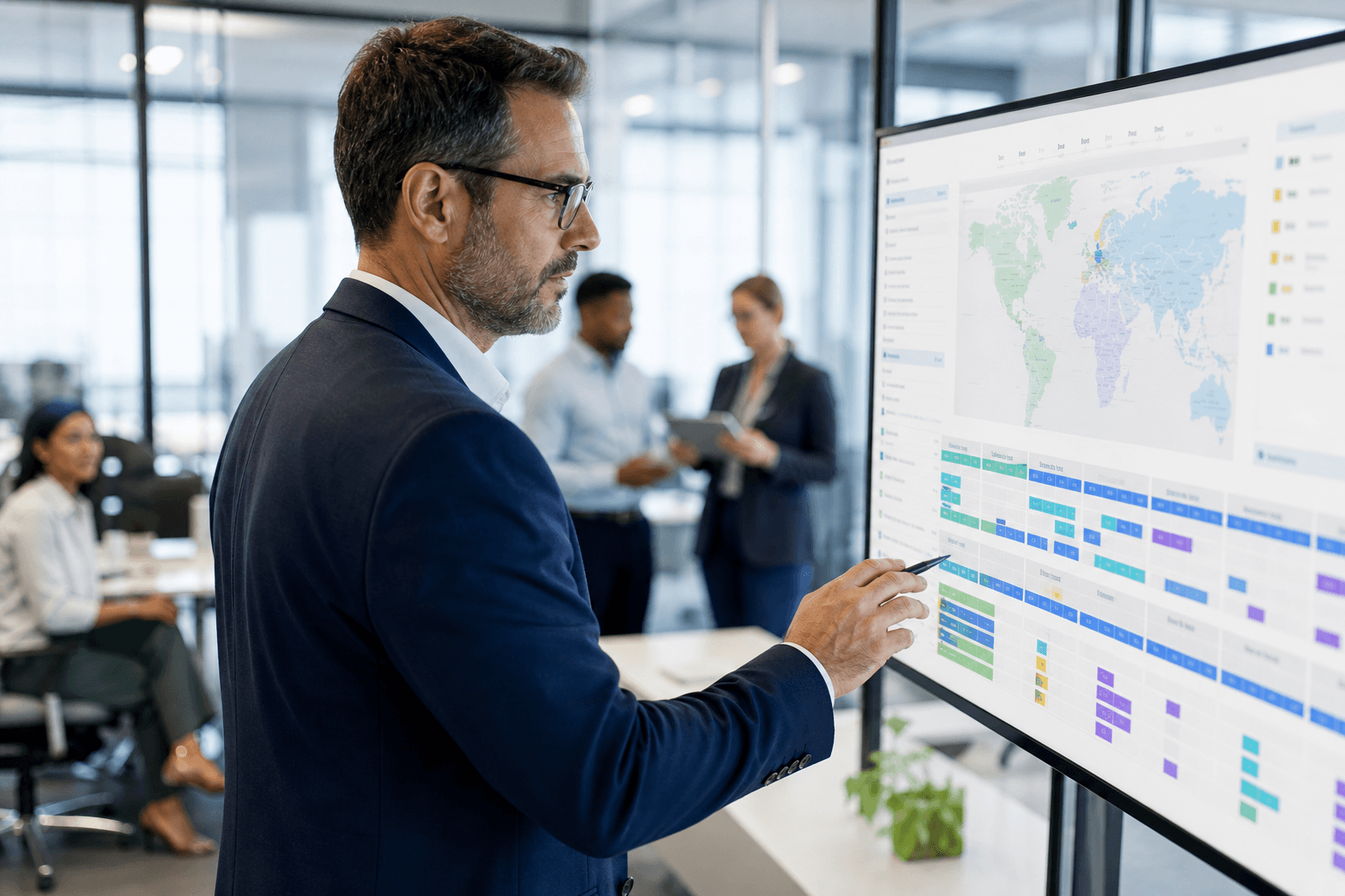 Enterprise operations director reviewing multi-region workforce schedules on a dashboard
