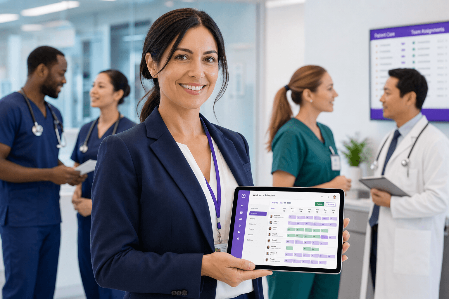 Healthcare coordinator reviewing staff rotas on a tablet