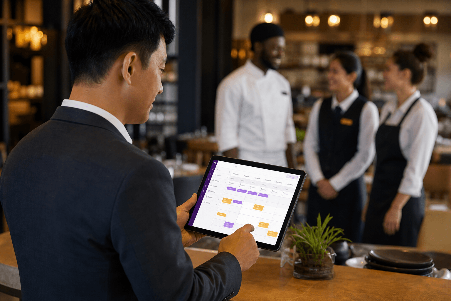 Hospitality manager reviewing crew schedules on a tablet