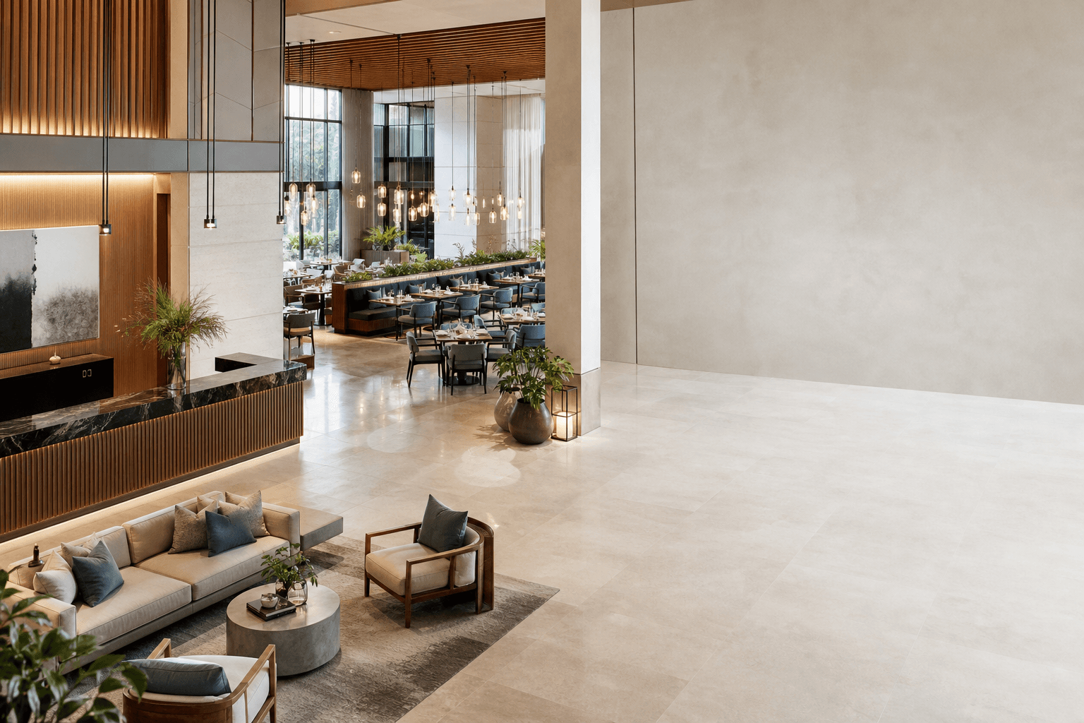 Multi-venue hospitality property with hotel and restaurant spaces
