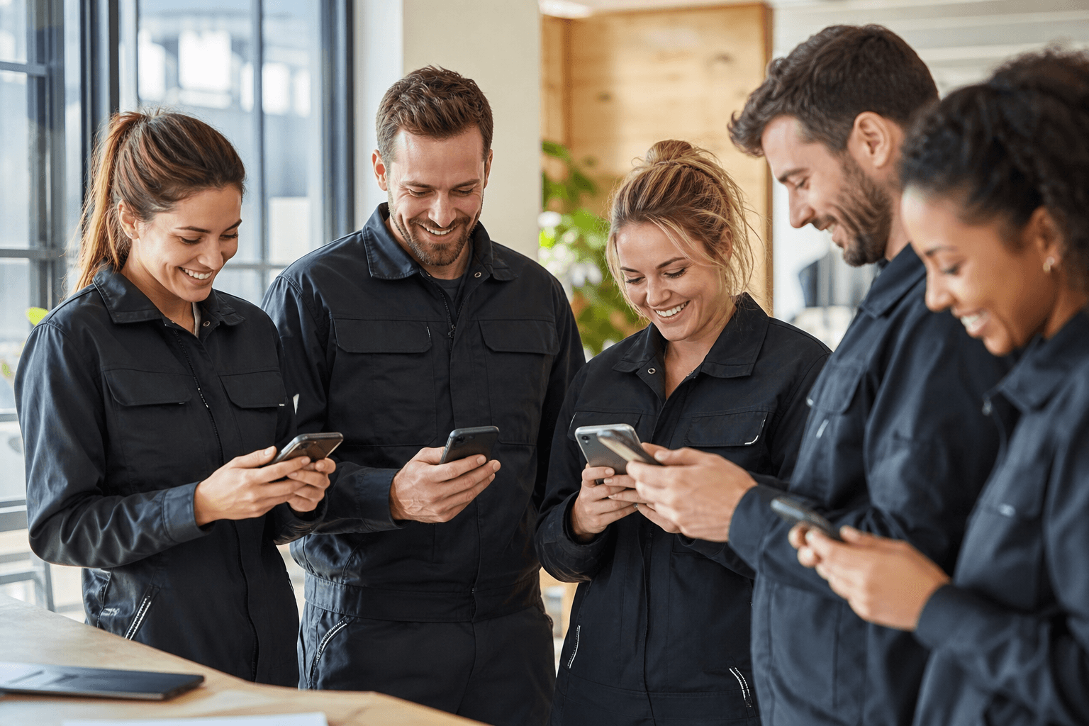 Small startup crew team using mobile devices for scheduling and clock-in